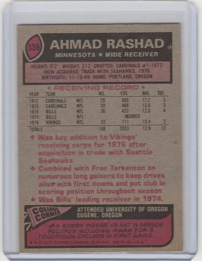 Ahmad Rashad Minnesota Vikings trading card 1977 Topps #359 NRMT condition