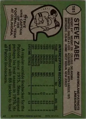 Vintage 1978 Topps #181 Steve Zabel New England Patriots NFL Football Card VG condition