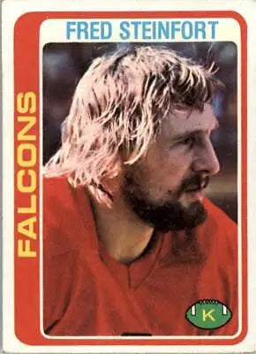 Vintage 1978 Topps Fred Steinfort Rookie Atlanta Falcons NFL trading card in red jersey