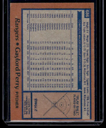 Baseball card back with statistics and diamond diagram of Gaylord Perry Texas Rangers