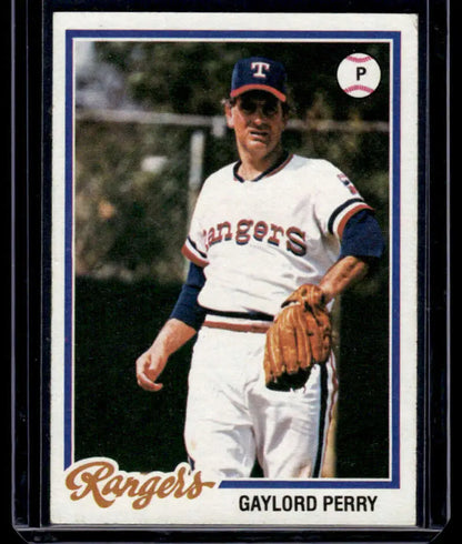 Baseball card of Gaylord Perry in Texas Rangers home uniform with blue trim