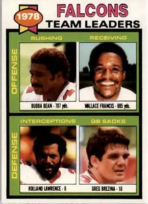 1978 Falcons team leaders trading card featuring Bean Francis and Lawrence Brezina