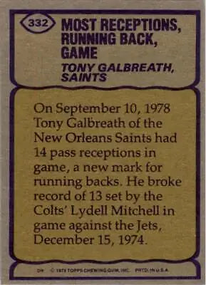 Vintage football card back of Tony Galbreath from Orleans Saints football