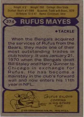 Vintage 1979 Topps #374 Rufus Mayes Cincinnati Bengals NFL Football Card in VG condition