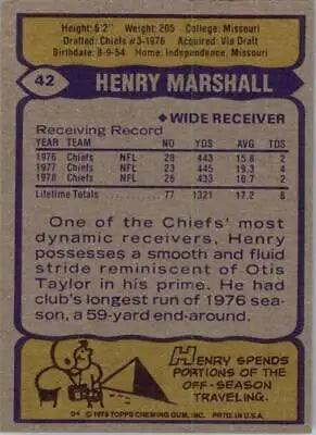 Henry Marshall Kansas City Chiefs NFL Football Card from 1979 Topps #42 VG condition