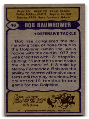 Vintage football card back of 1979 Topps #46 Bob Baumhower with original gloss, Excellent Dolphins