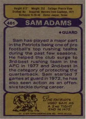 Sam Adams football card back from 1979 Topps New England Patriots NFL collection