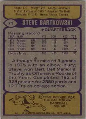 Steve Bartkowski Atlanta Falcons football card from 1979 Topps #71 in VG condition