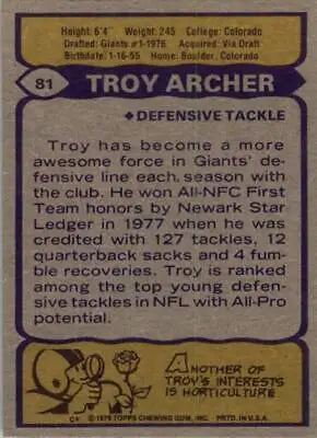 Troy Archer Kansas City Chiefs NFL Football Card 1979 Topps #81 in good condition