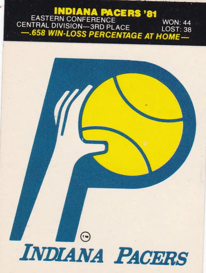 Logo of Indiana Pacers featuring stylized P and basketball on Fleer NBA Basketball sticker