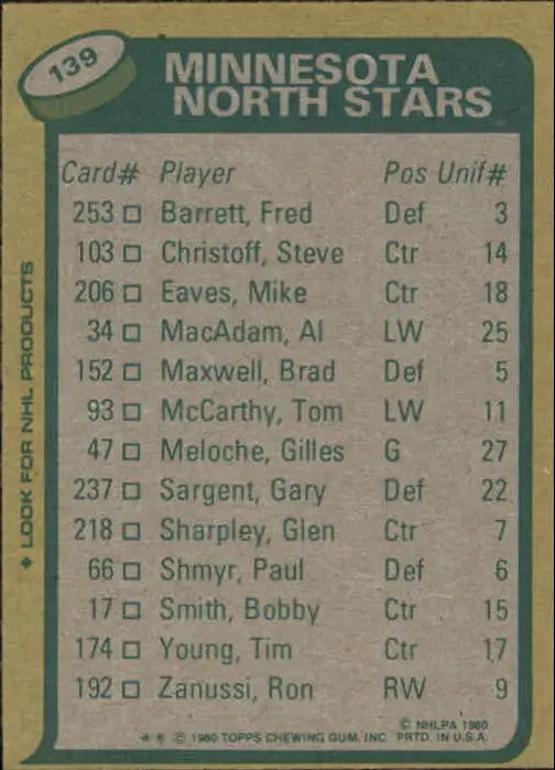 1980-81 Topps Minnesota North Stars Hockey Card featuring Steve Payne Team Leaders