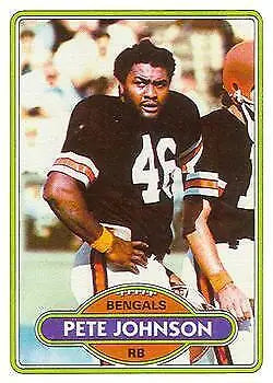 Vintage Pete Johnson Cincinnati Bengals football trading card in dark jersey number 46