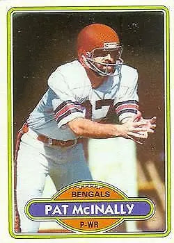 Football player in white Cincinnati Bengals uniform and orange helmet on Pat McInally card