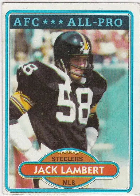 Football trading card of Jack Lambert Pittsburgh Steelers in black uniform, #58