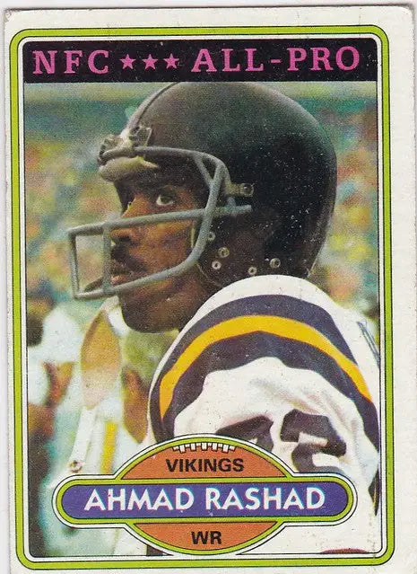 Football trading card of Ahmad Rashad Minnesota Vikings in black helmet and jersey