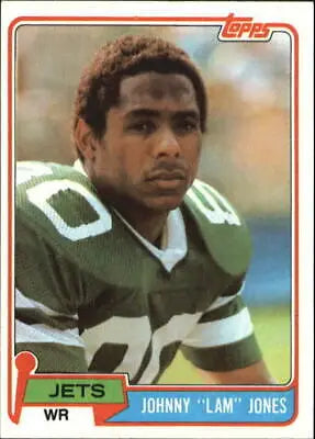 1981 Topps Johnny Lam Jones rookie card featuring New York Jets wide receiver in jersey