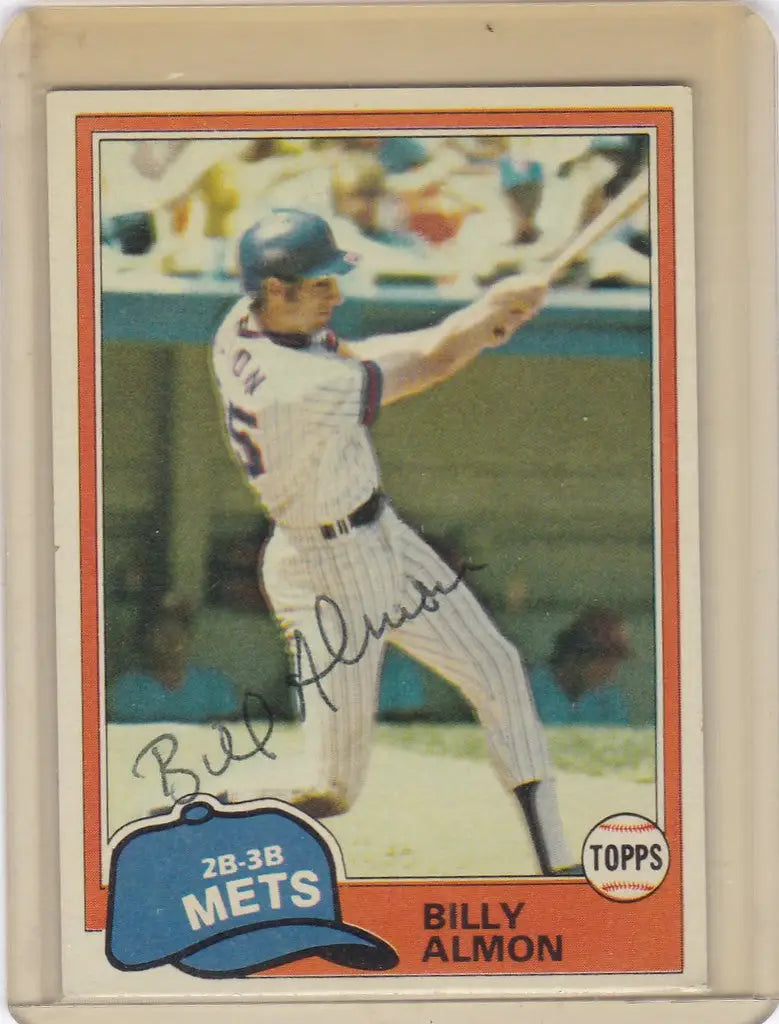 Baseball card of Billy Almon swinging bat for New York Mets in 1981 Topps set