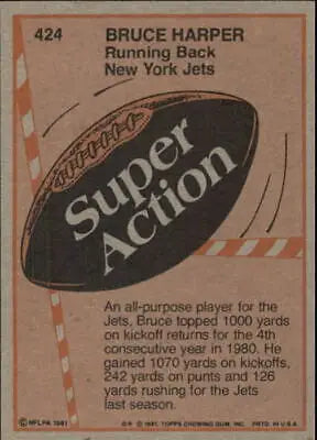 Black football with Super Action text for Bruce Harper Super Action New York Jets NFL Card