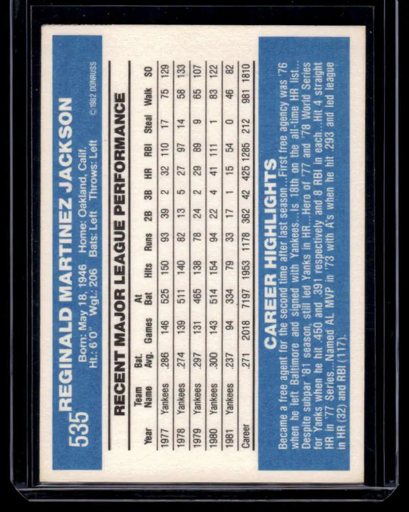 Reggie Jackson 1982 Donruss #535 New York Yankees excellent card with career stats