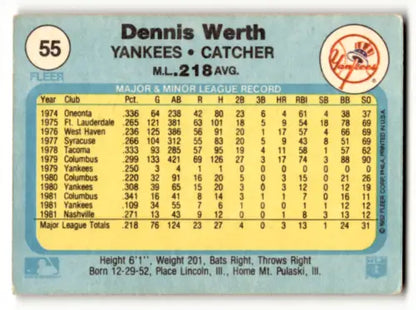 Dennis Werth 1982 Fleer #55 baseball card in original gloss, Yankees collectible item