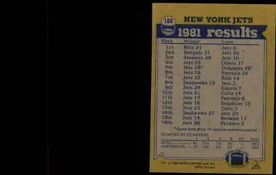 1982 Topps NFL Football Card featuring York Jets 1981 season results schedule