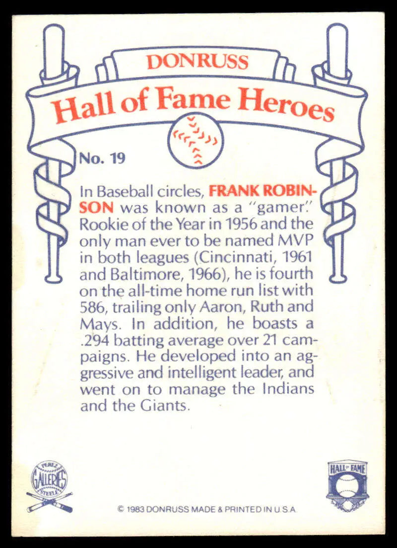 Baseball card of Frank Robinson from the Donruss Hall of Fame Heroes series