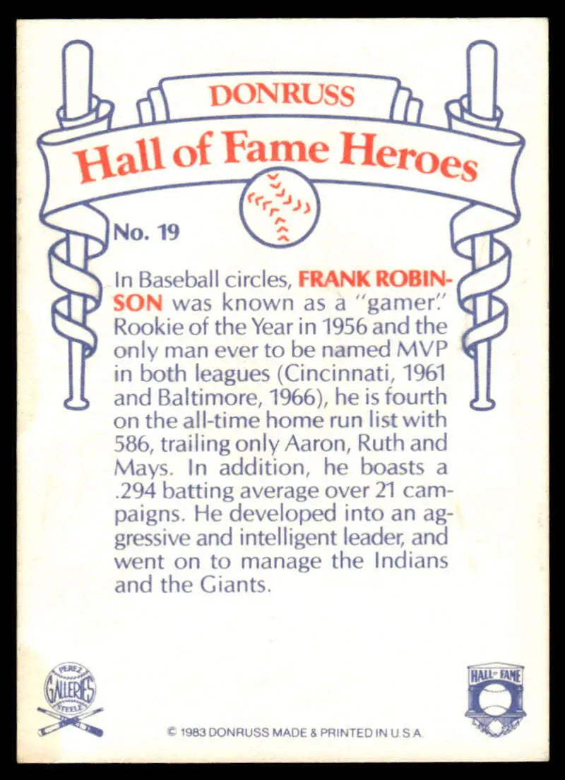 Frank Robinson 1983 Donruss Hall of Fame Heroes baseball card showcasing career highlights