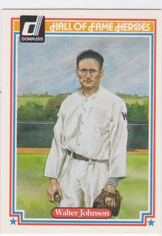 Baseball card of Walter Johnson in a white uniform on the field for trading cards collection