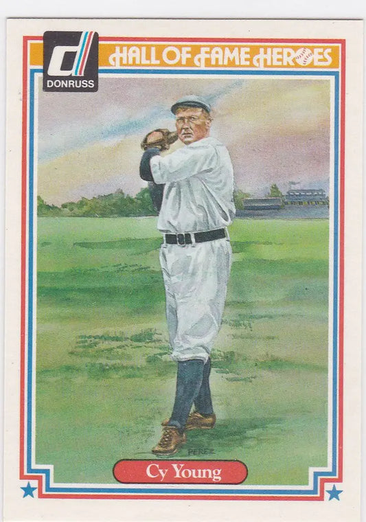 Vintage baseball card of Cy Young in white uniform from 1983 Donruss Heroes series