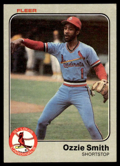 Ozzie Smith 1983 Fleer baseball card featuring St. Louis Cardinals away uniform