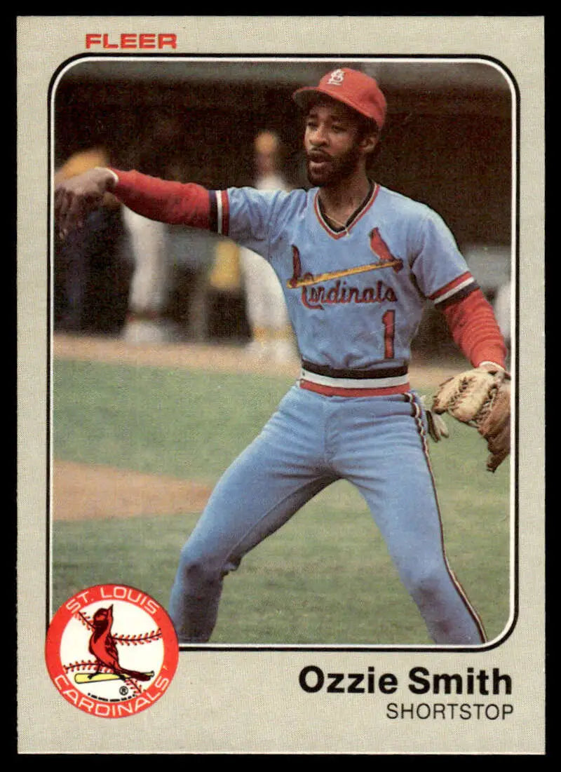 1983 Fleer Ozzie Smith card showcasing the St. Louis Cardinals in light blue uniform