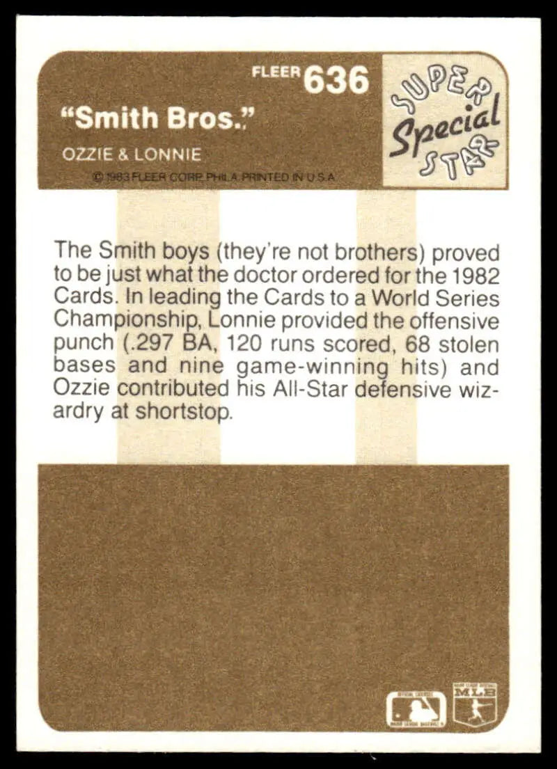 Vintage 1983 Fleer #636 Ozzie Smith and Lonnie Smith St. Louis Cardinals Baseball Card