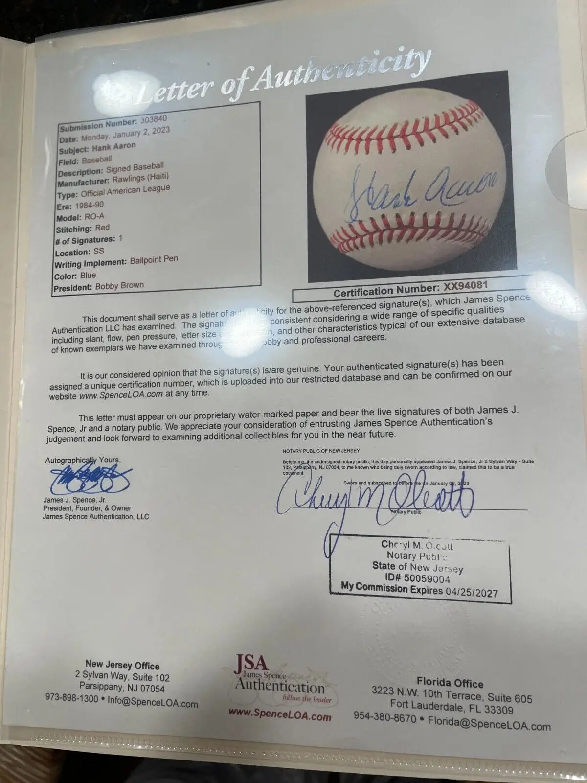 Letter of authenticity for Hank Aaron autographed baseball from 1984-90 Atlanta Braves