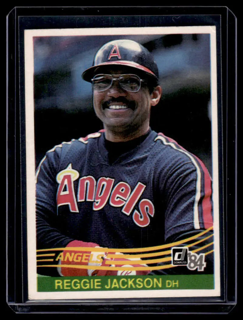 Reggie Jackson California Angels baseball card in navy uniform with red trim and glasses