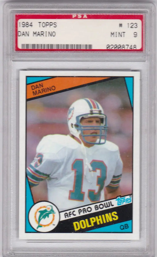 PSA-graded 1984 Topps #123 Dan Marino RC Rookie Miami Dolphins in protective case