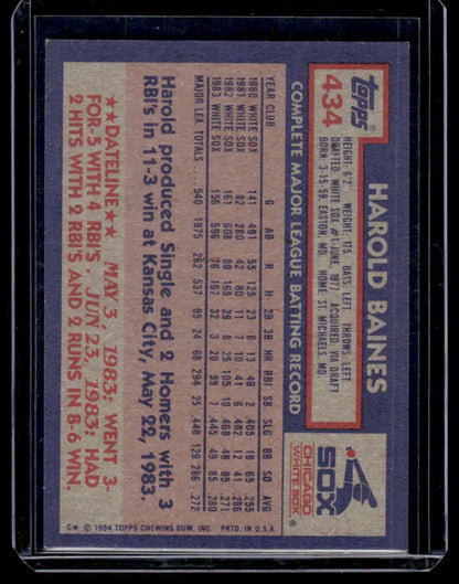 Back of 1984 Topps baseball card featuring Harold Baines statistics for White Sox