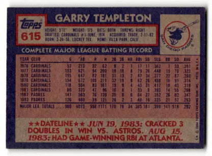 Garry Templeton 1984 Topps #615 baseball card with original gloss featuring Padres