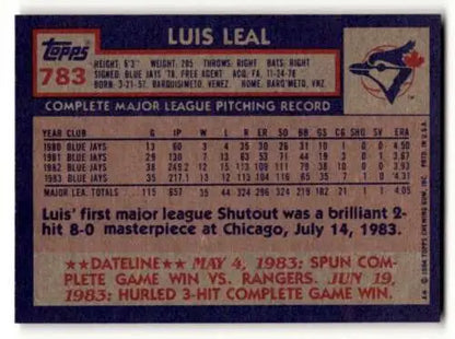 Luis Leal Toronto Blue Jays baseball card with original gloss from 1984 Topps #783