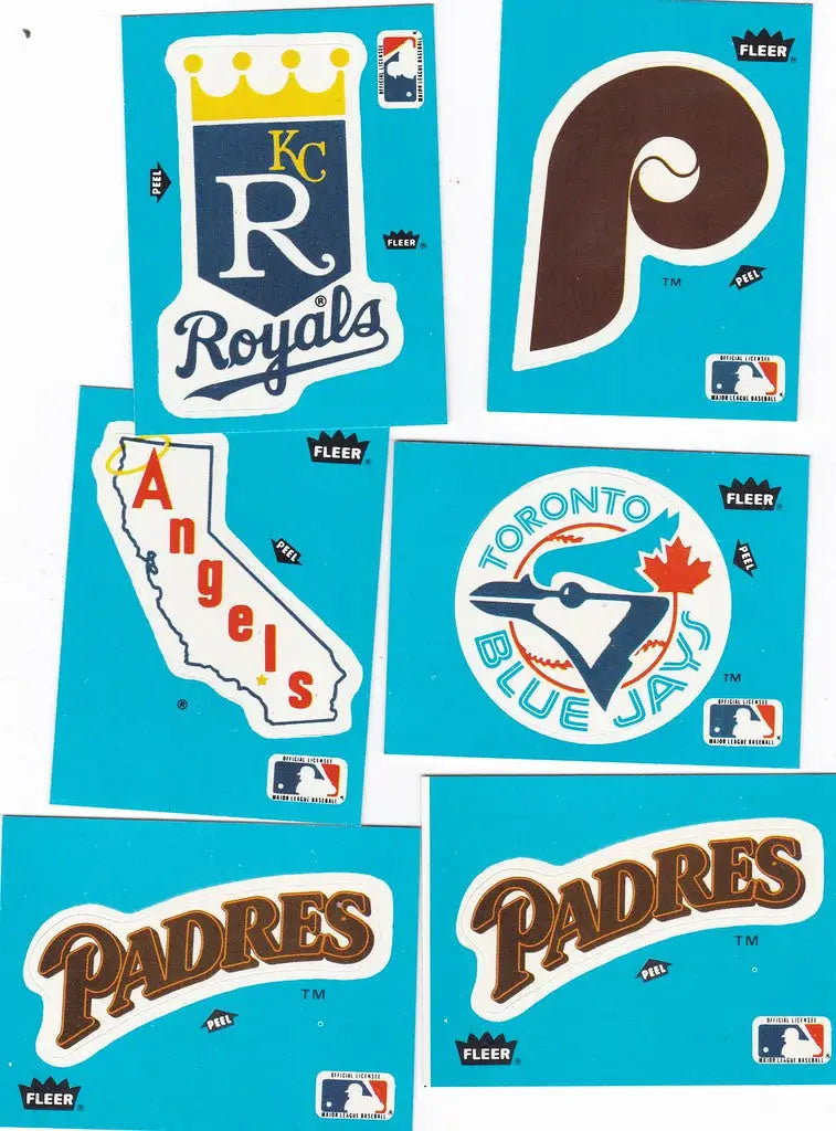 Fleer sticker lot featuring Major League Baseball team logos on stickers and patches