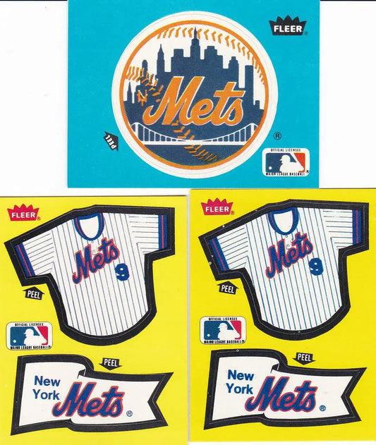 Collection of Fleer Stickers Mets featuring jersey designs and team logos