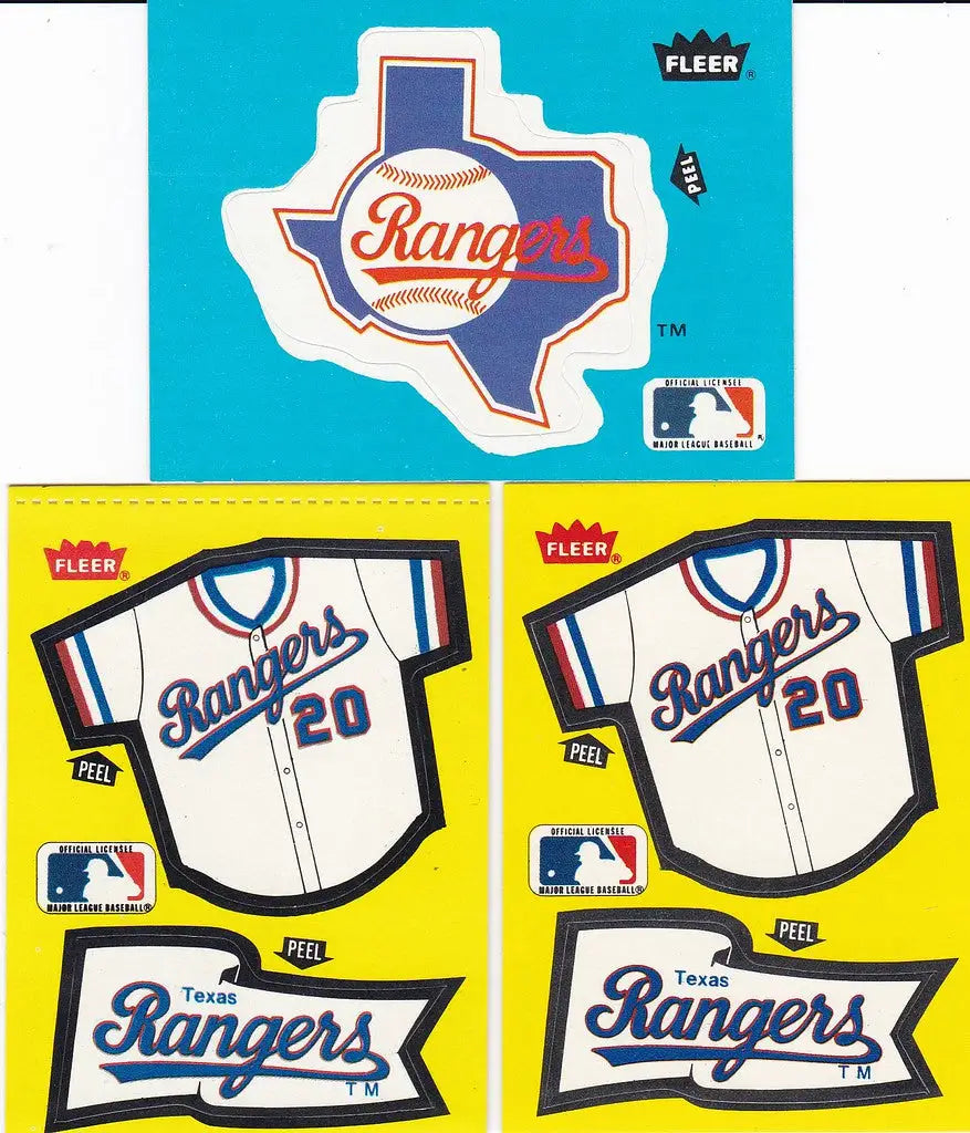 Baseball-themed Fleer stickers Rangers jersey and pennant designs featuring Texas Rangers logo