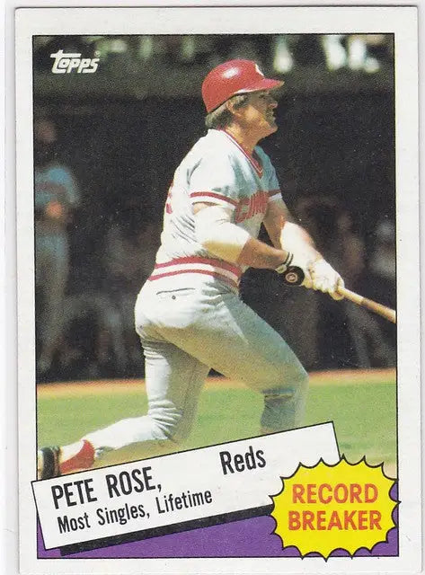 Baseball card of Pete Rose Record Breaker showcasing Cincinnati Reds player mid-swing