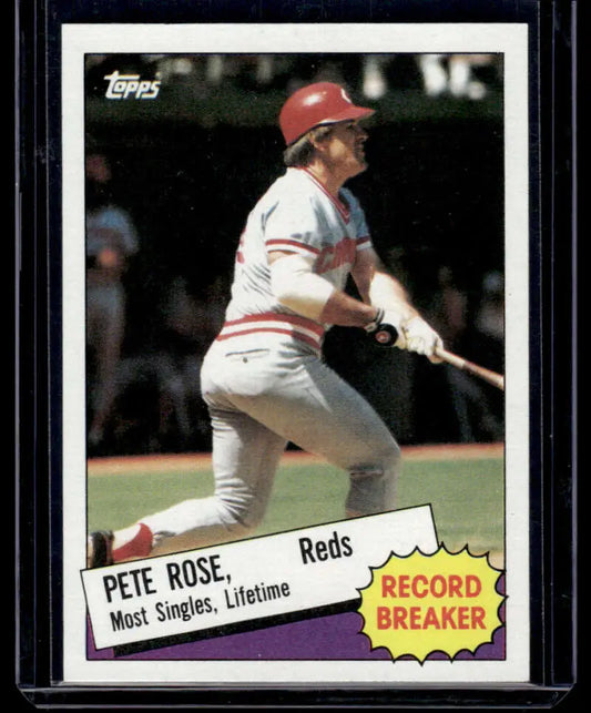 Vintage 1985 Topps Pete Rose Baseball Card featuring Cincinnati Reds Record Breaker design