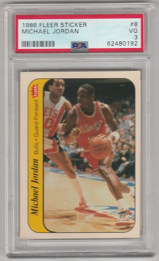 Graded Fleer Sticker of Michael Jordan PSA 3 in red Chicago Bulls uniform dribbling