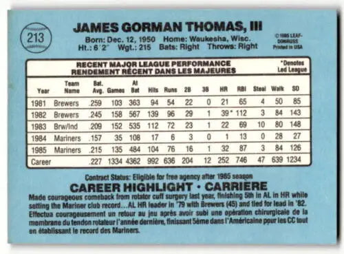 1986 Donruss/Leaf #213 Gorman Thomas baseball card with player statistics and original gloss