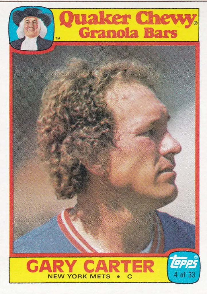 Baseball card of Quaker Oats Gary Carter #4 for the Mets with curly hair in profile view