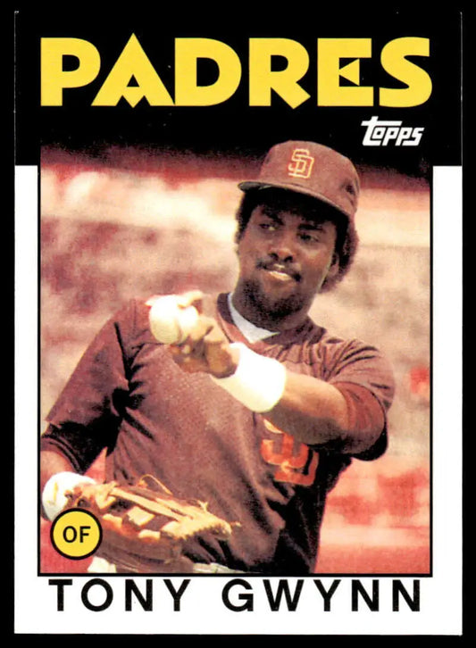 1986 Topps Tony Gwynn card showcasing San Diego Padres outfielder in brown uniform