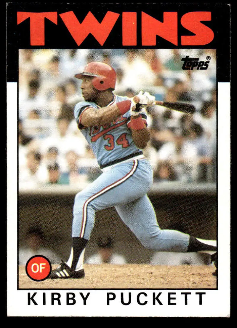 Baseball card of Kirby Puckett in classic Minnesota Twins uniform at bat