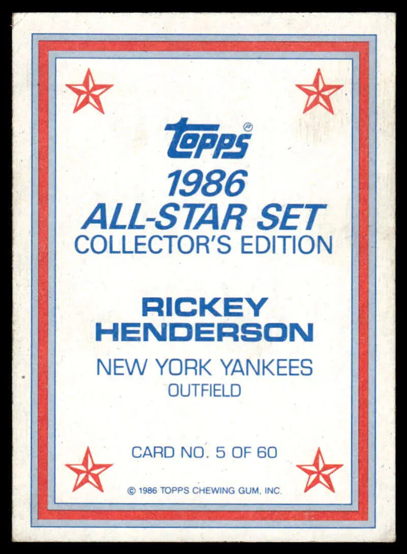 1986 Topps Rickey Henderson New York Yankees Baseball Card in VG/EX condition