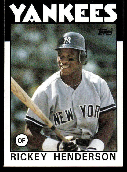 Vintage 1986 Topps Rickey Henderson New York Yankees baseball card in batting stance